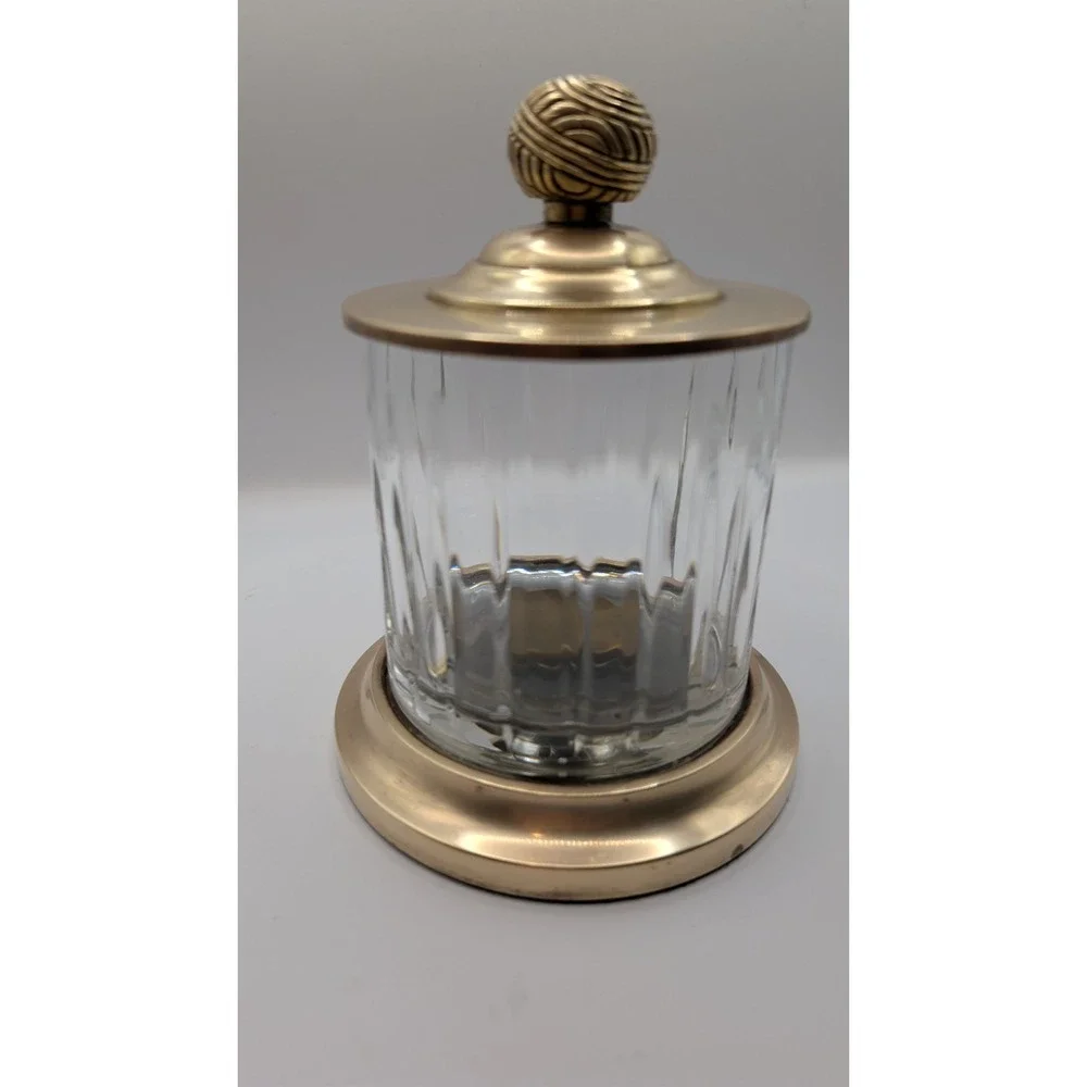 Home Centre Panama Canal Glass Cotton Jar Brass Lid Ribbed Vanity Storage Vanity